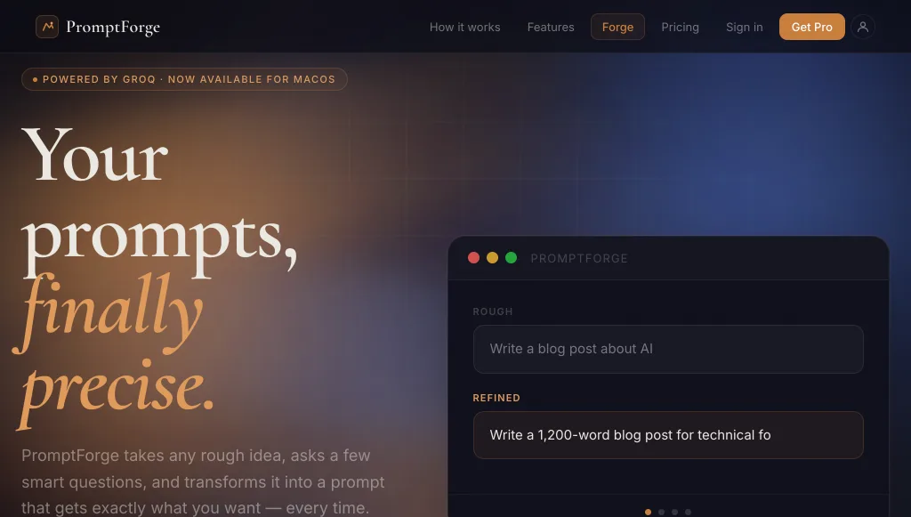 Náhled webu PromptForge
